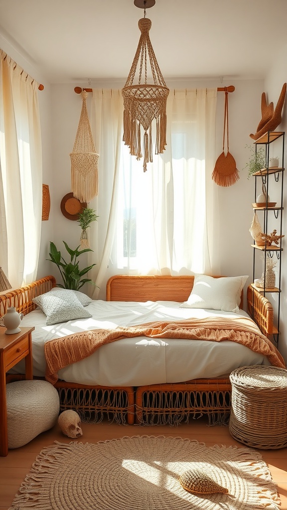 Cozy boho style bedroom with beach vibes, featuring a rattan bed, macramé décor, and natural textures.