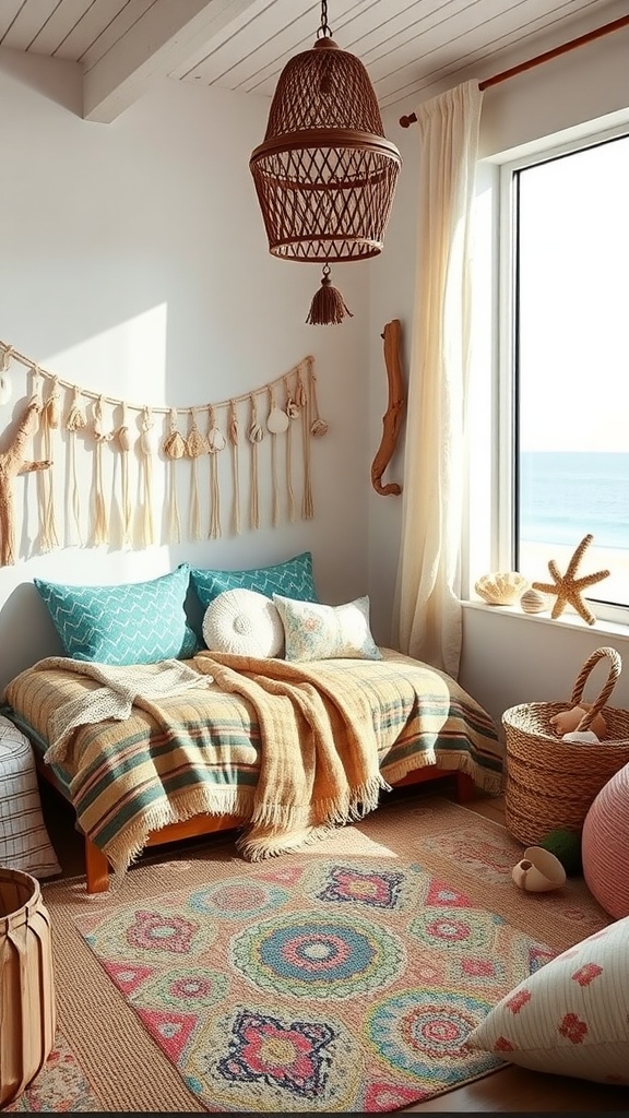 A cozy boho-inspired children's bedroom with a beach view, featuring a daybed, colorful pillows, woven light fixture, and seashell decor.