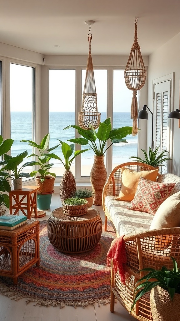 A cozy boho beachside room featuring rattan furniture, indoor plants, and large windows with a view of the ocean.