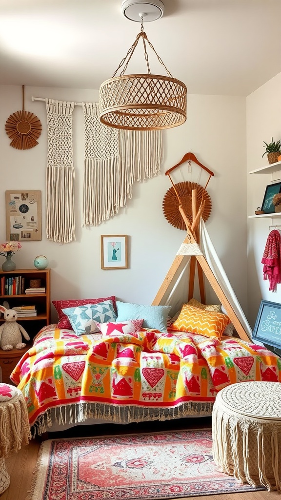 A colorful boho-style kids bedroom featuring a bed with a vibrant blanket, a teepee, woven wall hangings, and playful decor.