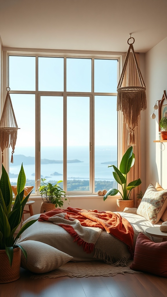 A cozy boho bedroom with large windows showcasing a scenic view, featuring plants, soft pillows, and macramé decor.