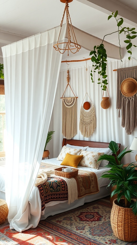 A cozy boho bedroom featuring a canopy bed with white drapes, warm color palette, and decorative elements.