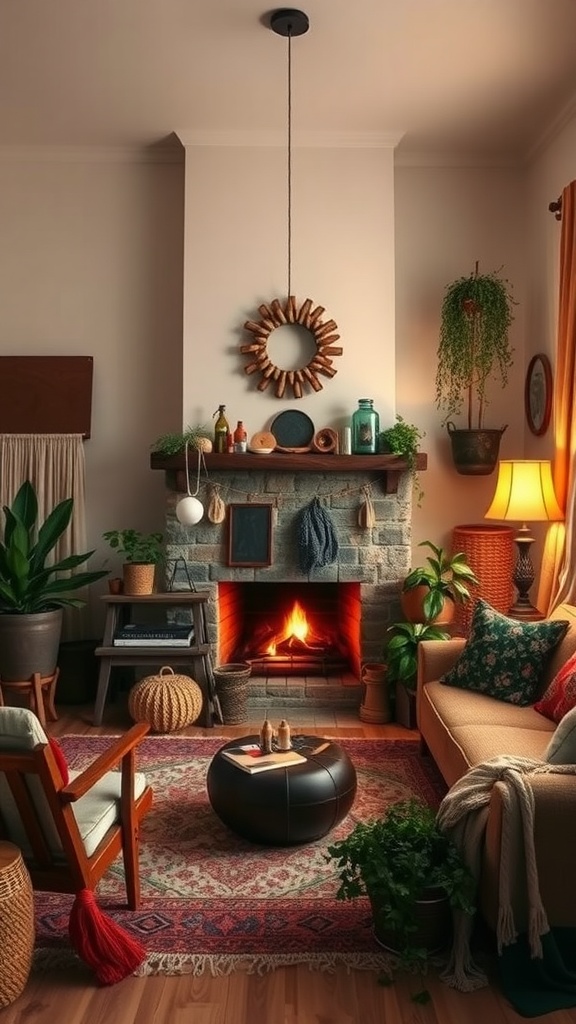 Cozy Boho style bedroom featuring a fireplace, rustic decor, plants, and warm lighting.