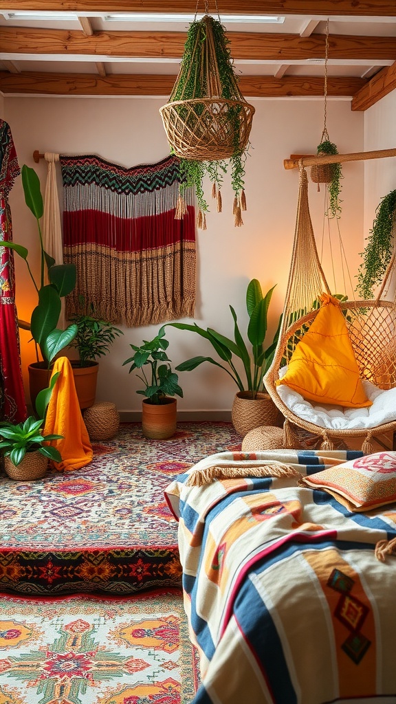 A cozy boho bedroom featuring hanging chairs, colorful textiles, and plants