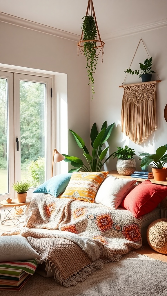 A cozy reading nook with colorful cushions, plants, and warm sunlight