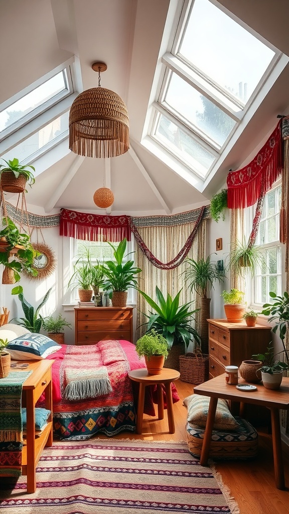 A cozy boho-style bedroom featuring skylights, colorful textiles, and lush indoor plants.