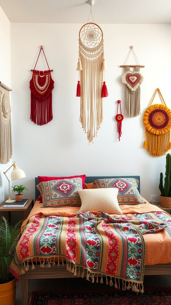 A colorful Boho-themed bedroom featuring macramé wall hangings, vibrant textiles, and plants.