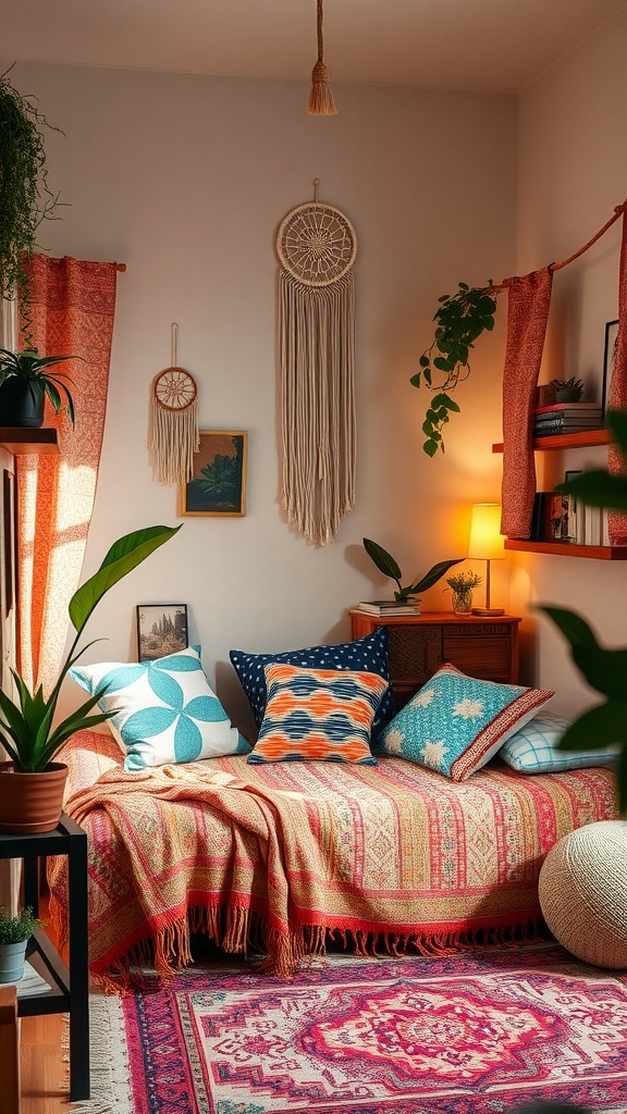 A cozy Boho-style bedroom featuring colorful pillows, a vibrant throw, plants, and wall art.