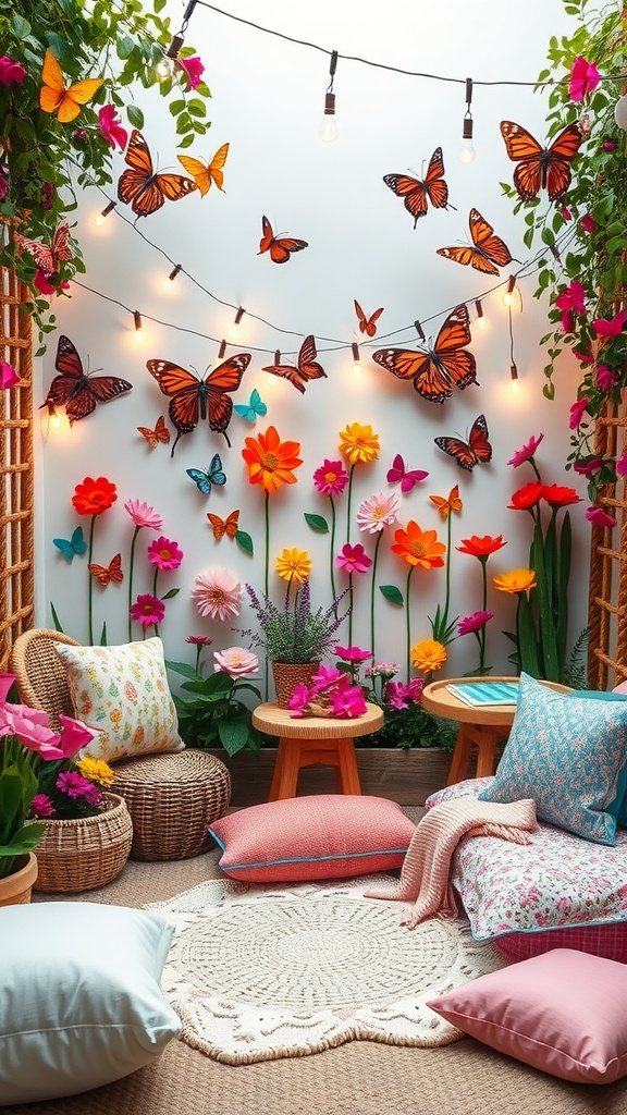 A colorful Bohemian-inspired kids' bedroom corner with butterflies, flowers, and cozy seating.