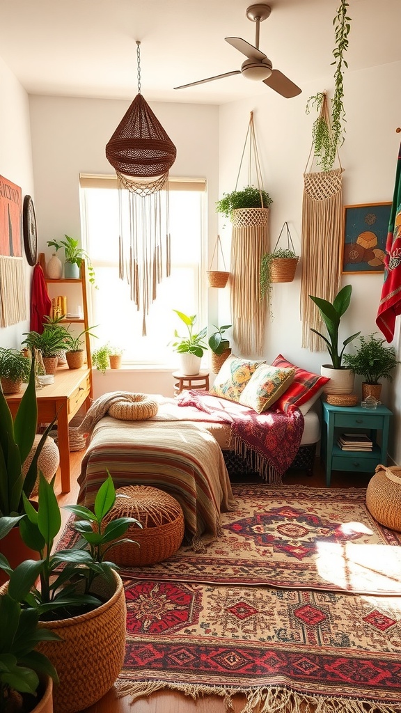 A bright boho-style bedroom featuring a cozy bed, hanging plants, and vibrant decor elements