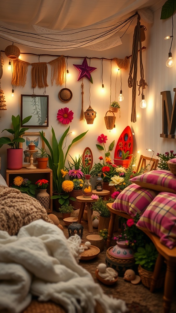 A cozy bohemian bedroom filled with plants, colorful decor, and warm lighting