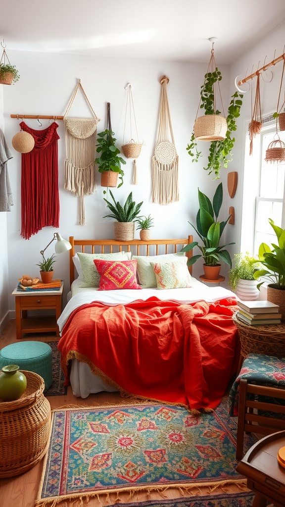 A vibrant boho style bedroom with colorful textiles, plants, and cozy furnishings.