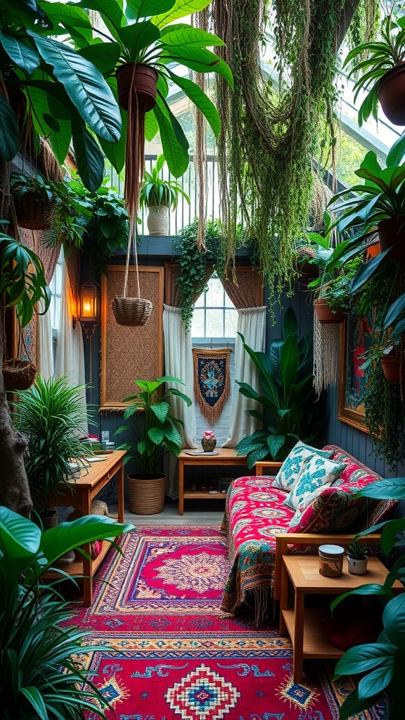 Cozy Bohemian style room with plants, colorful couch, and patterned rug