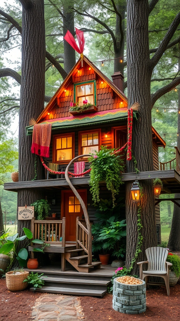 A cozy Bohemian-style treehouse surrounded by tall trees, featuring warm lights and colorful decorations.