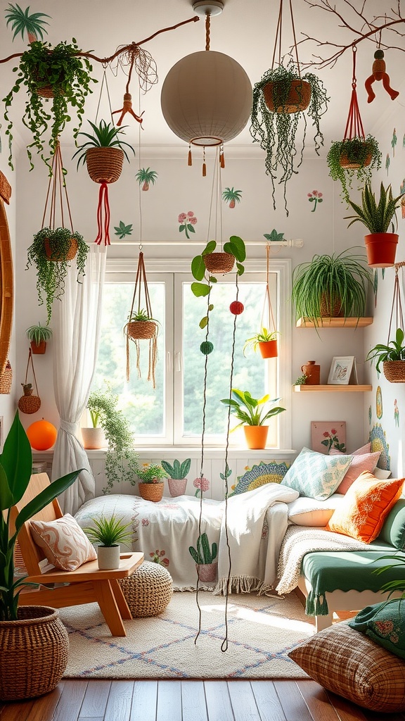 A cozy boho bedroom for kids featuring hanging plants, colorful cushions, and a warm, inviting atmosphere.