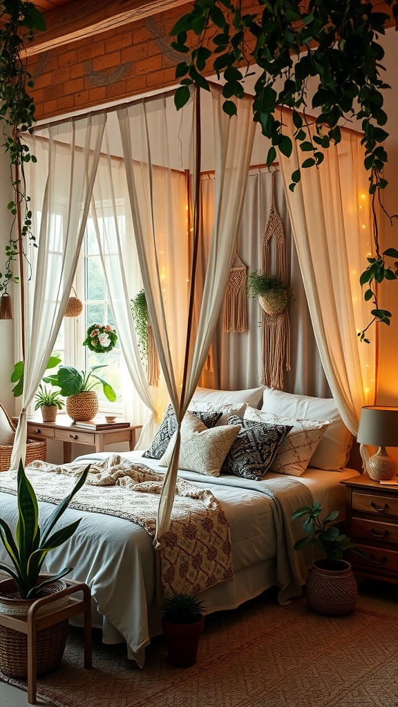 A cozy Boho style bedroom featuring flowing curtains, abundant greenery, and warm lighting.