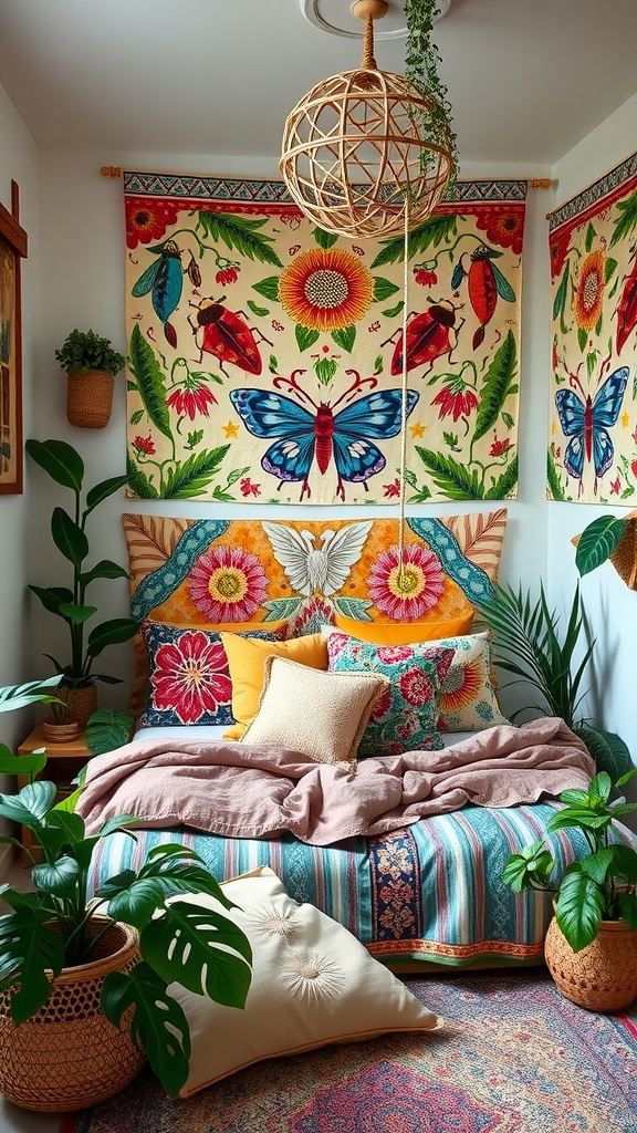 A colorful boho-style bedroom with butterfly and flower tapestries, a cozy bed with vibrant pillows, and indoor plants.