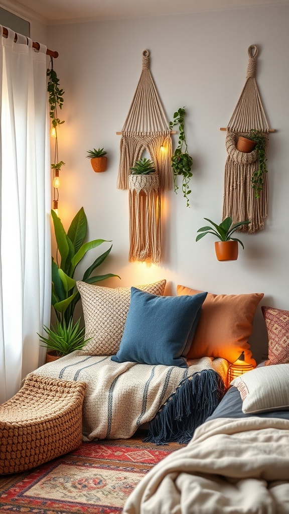 A cozy boho style bedroom with a comfortable nook featuring plants, pillows, and a warm color palette.