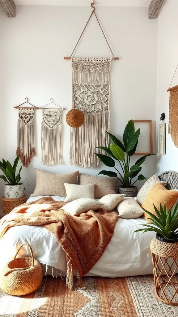 A boho bedroom with macramé wall hangings, plush pillows, a rust-colored throw, and indoor plants.