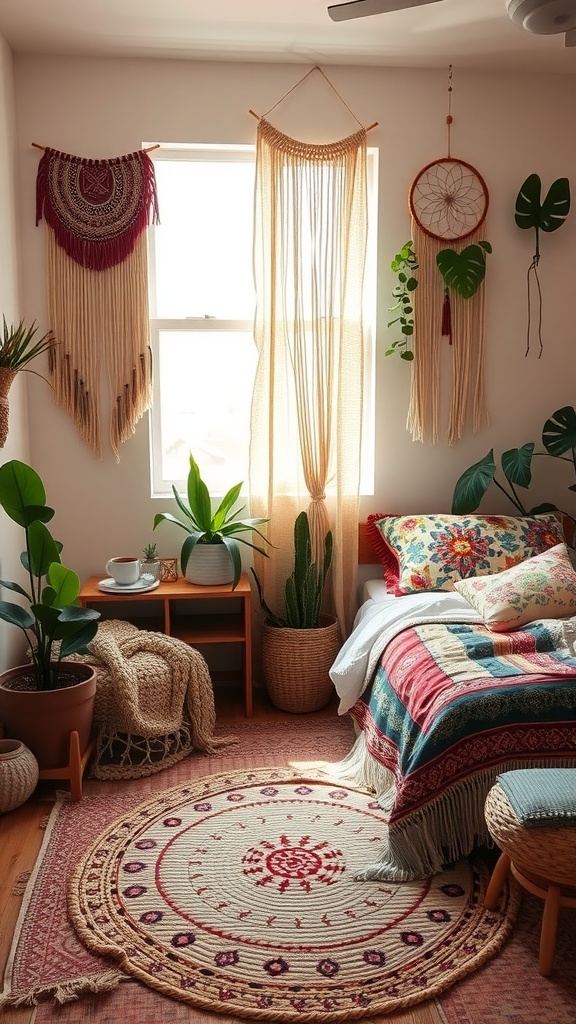 A cozy bohemian bedroom featuring colorful textiles, plants, and macramé decorations.