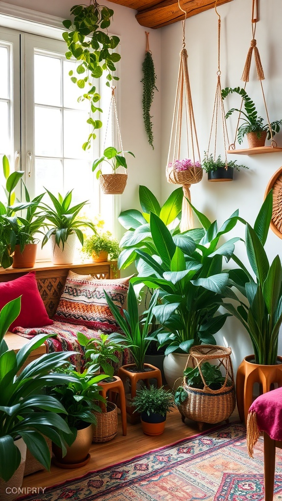 A cozy room filled with various houseplants, featuring a colorful rug and cushions, with hanging planters and a warm, inviting atmosphere.