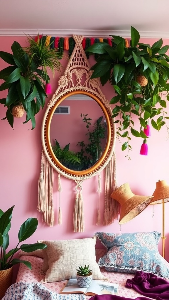 A round mirror with macramé design and plants, set against a pink wall in a bohemian bedroom.