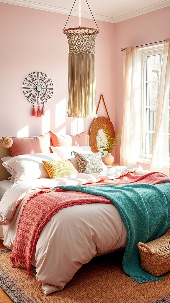 A cozy bedroom featuring pink walls, a bed with coral and turquoise blankets, and boho style decor.