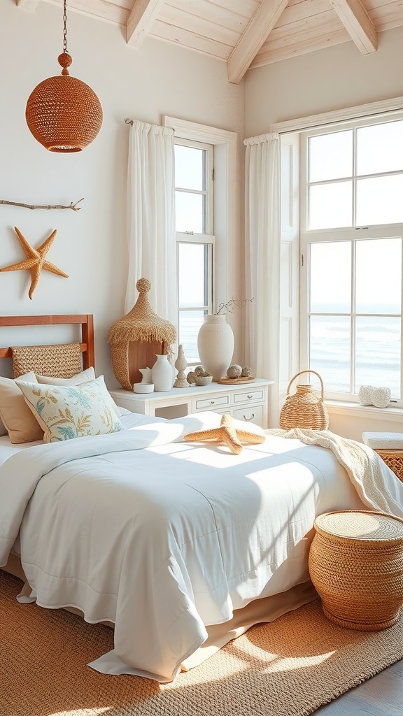 A bright and airy boho coastal bedroom with large windows, white bedding, woven decor, and natural elements.