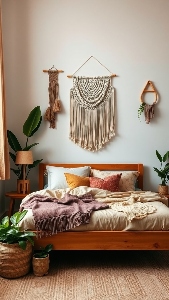 Cozy boho style bedroom with a wooden bed, colorful pillows, macramé wall hangings, and plants.