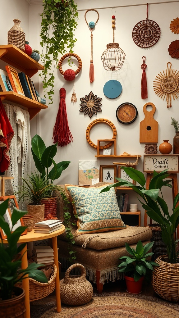 A cozy boho craft corner with plants, wall art, and a comfortable chair.