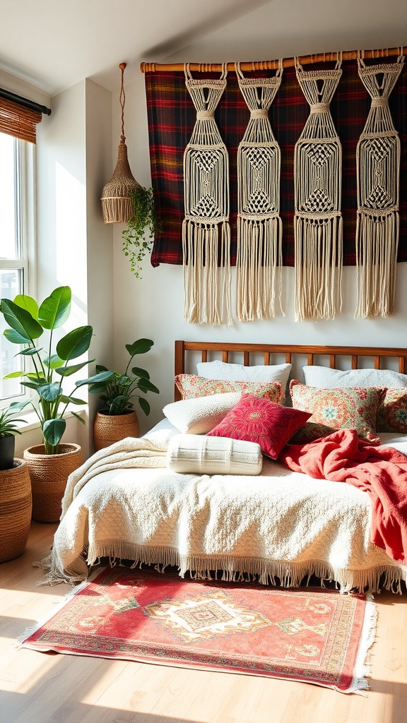 Bohemian styled bedroom featuring a cozy bed with colorful pillows, a woven wall hanging, and indoor plants.