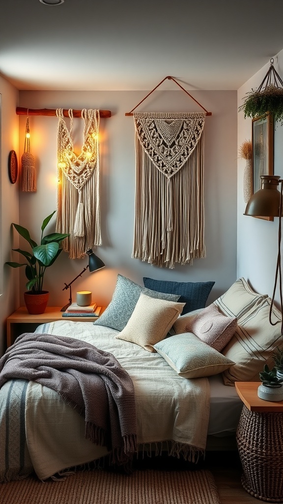 A cozy small bedroom featuring macramé wall hangings, layered pillows, a knitted throw, and plants, creating a boho glam fusion