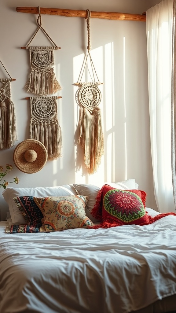 A cozy boho style bedroom featuring colorful pillows, macramé wall hangings, and soft natural lighting.