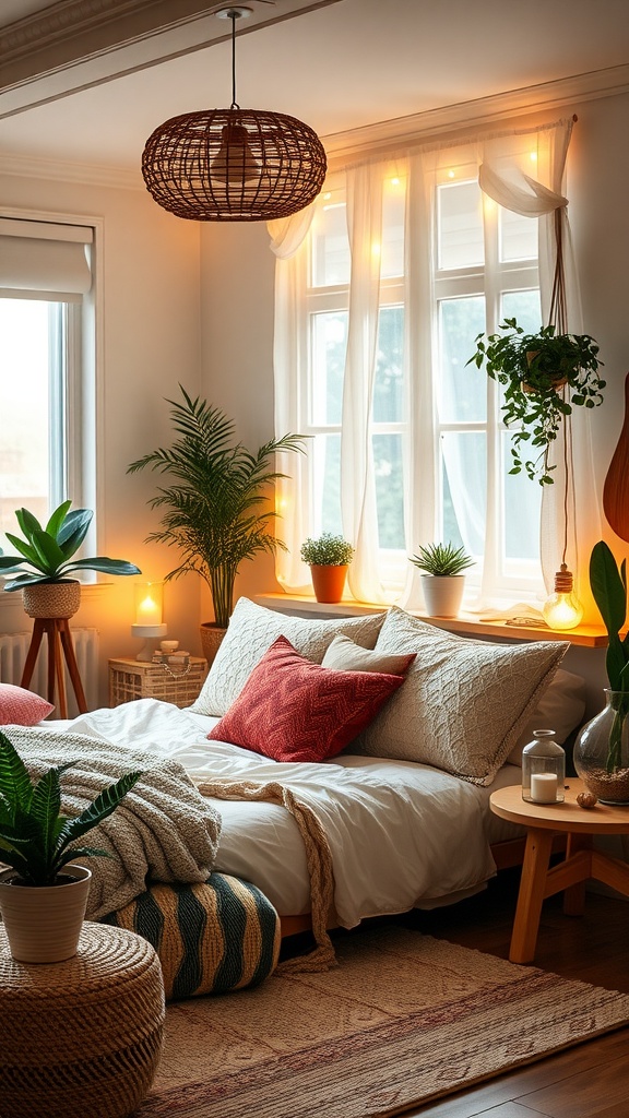 A cozy Boho style bedroom with a bed covered in soft blankets and pillows, plants, and warm lighting.