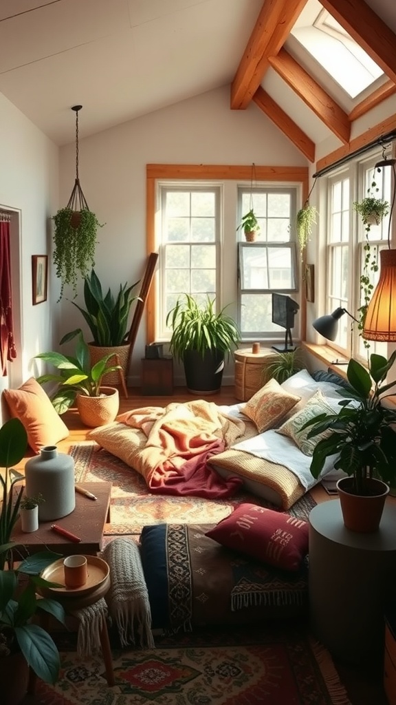 A cozy boho loft bedroom with wooden beams, large windows, plants, and scattered pillows.