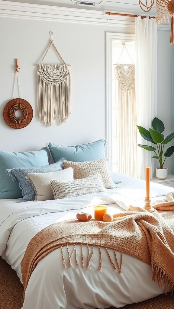 A light blue boho bedroom featuring macramé wall hangings, soft pillows, and earthy tones.