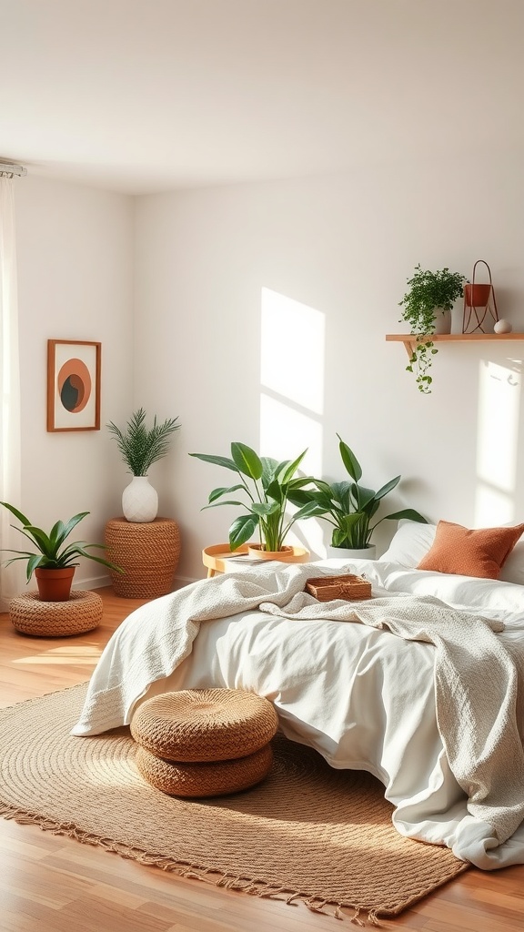 A cozy boho minimalist bedroom featuring plants, a textured rug, and soft bedding.