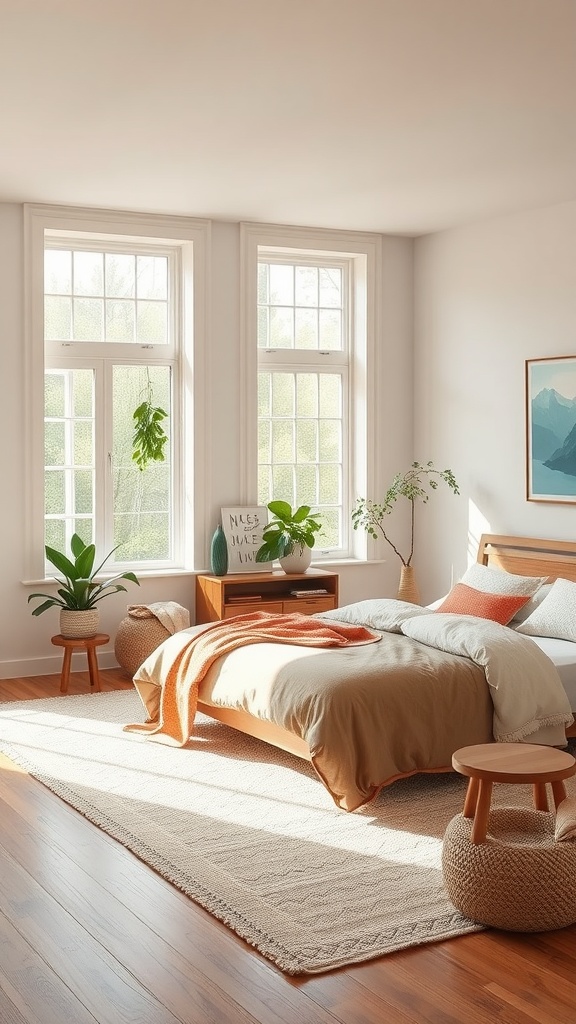 A bright and airy boho minimalist bedroom featuring a cozy bed, wooden furniture, and lush plants.