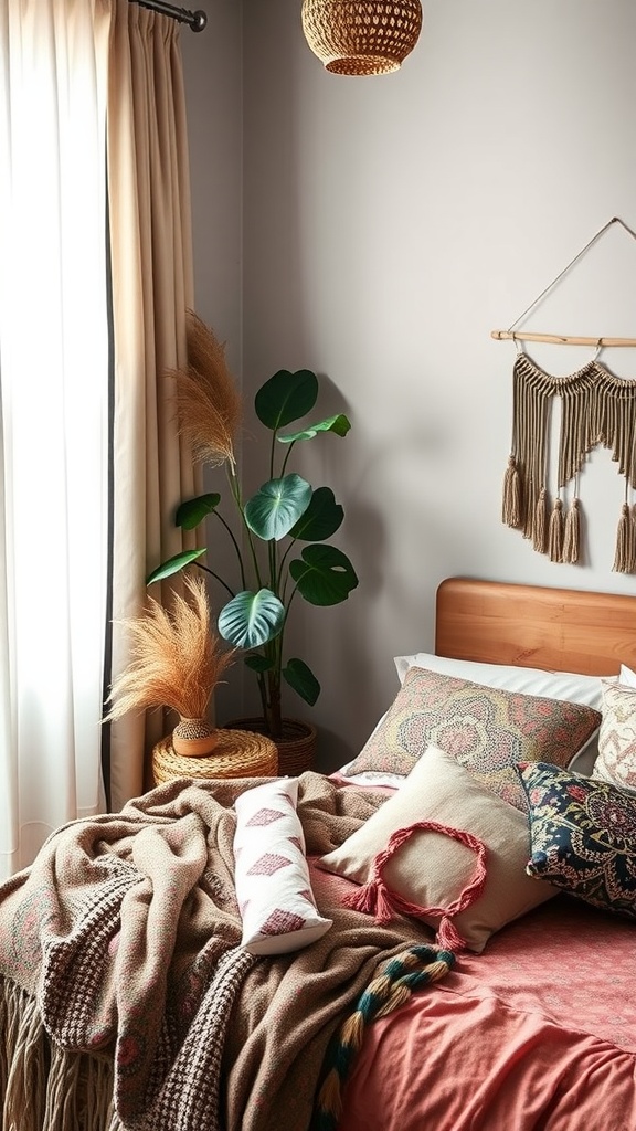 Cozy bohemian style bedroom with colorful pillows, warm blankets, and a plant.