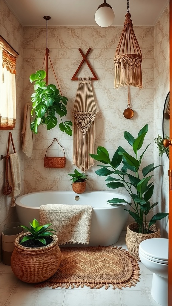 A beautifully decorated Boho-style bathroom featuring a freestanding bathtub, hanging plants, and macramé decor.