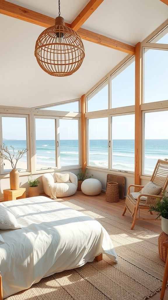 A bright and airy Boho Ocean Loft with large windows overlooking the sea, featuring a cozy bed, rattan light fixture, and natural decor.