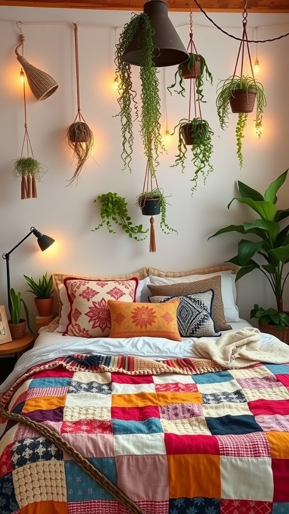 A cozy boho bedroom featuring a patchwork quilt, hanging plants, and warm lighting.