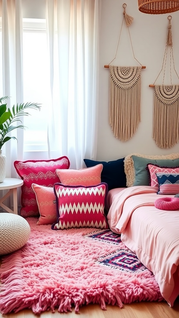 A cozy Boho style bedroom corner featuring a pink rug, colorful cushions, and macrame wall hangings.