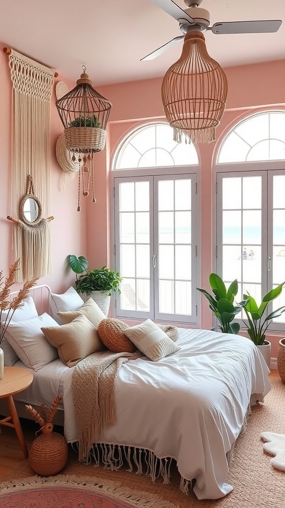 A pink boho style bedroom featuring a bed with white linens and colorful pillows, rattan light fixtures, and large windows overlooking the beach.