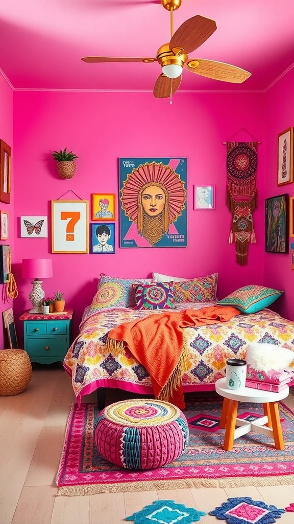 A vibrant pink boho style bedroom featuring colorful bedding, pop art, and eclectic decor.