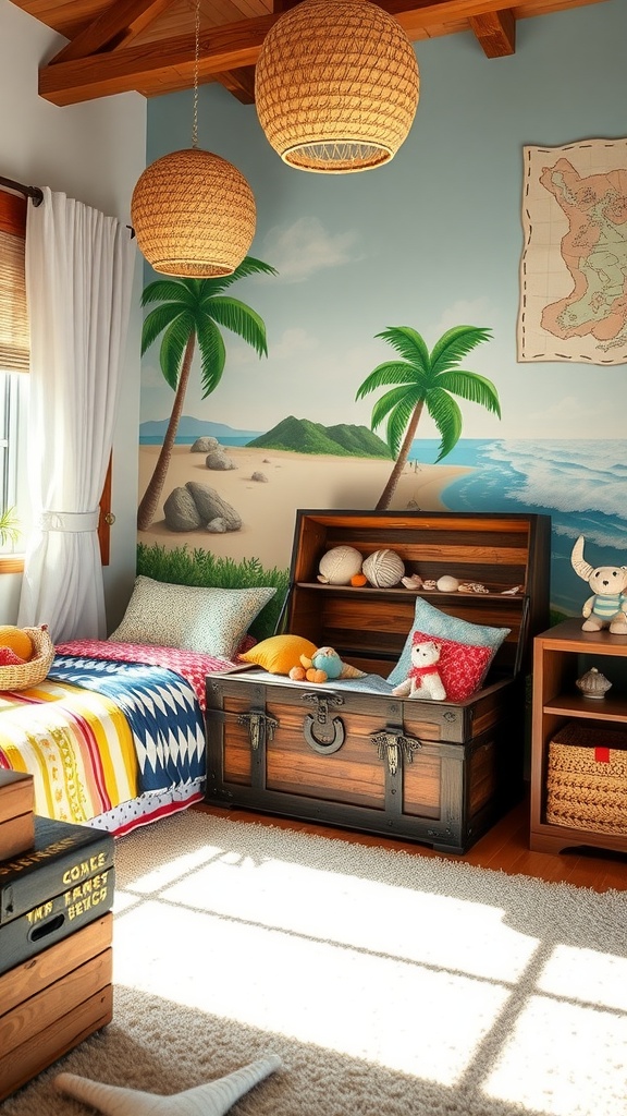 Boho-themed kids bedroom with a treasure island mural, colorful bedding, and a vintage trunk for storage.