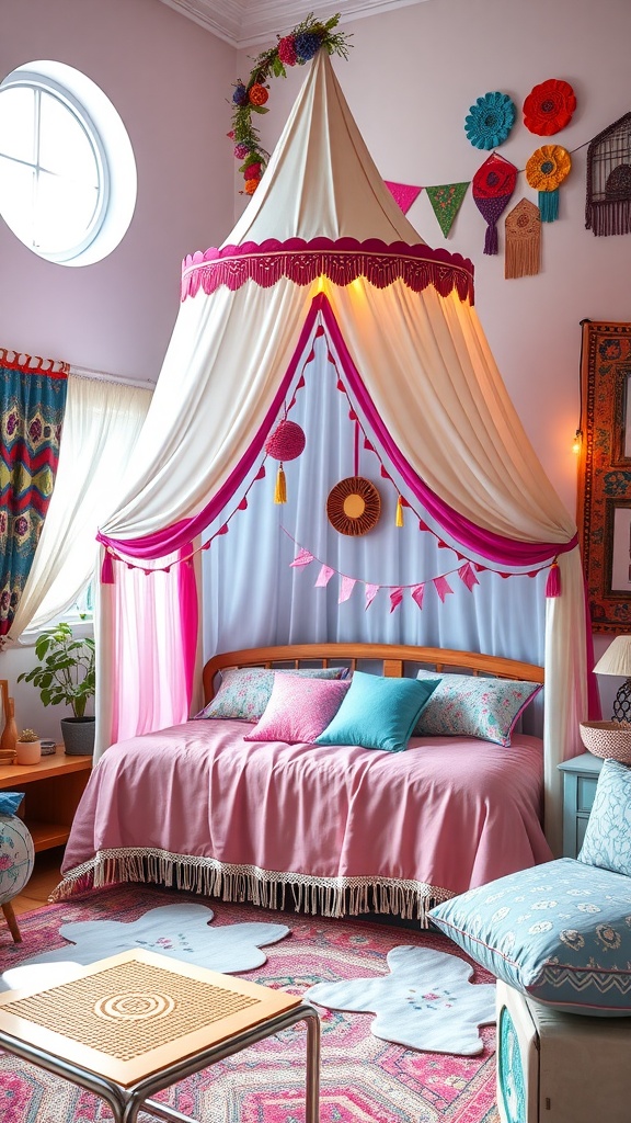 A vibrant boho bedroom for kids with a draped canopy bed and colorful decorations.