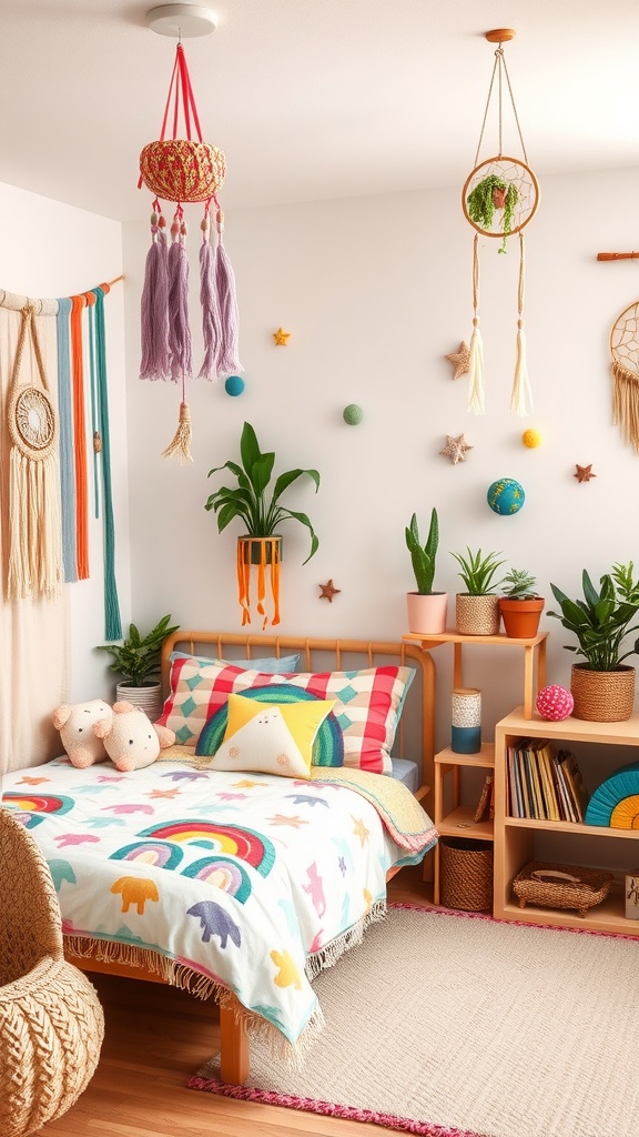 A colorful and cozy Boho bedroom for kids featuring rainbow-themed decor, plants, and playful elements.