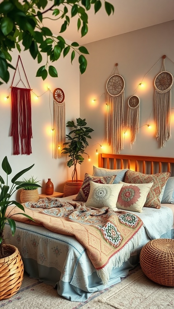 Cozy boho style bedroom with macramé hangings, warm lighting, and decorative pillows.