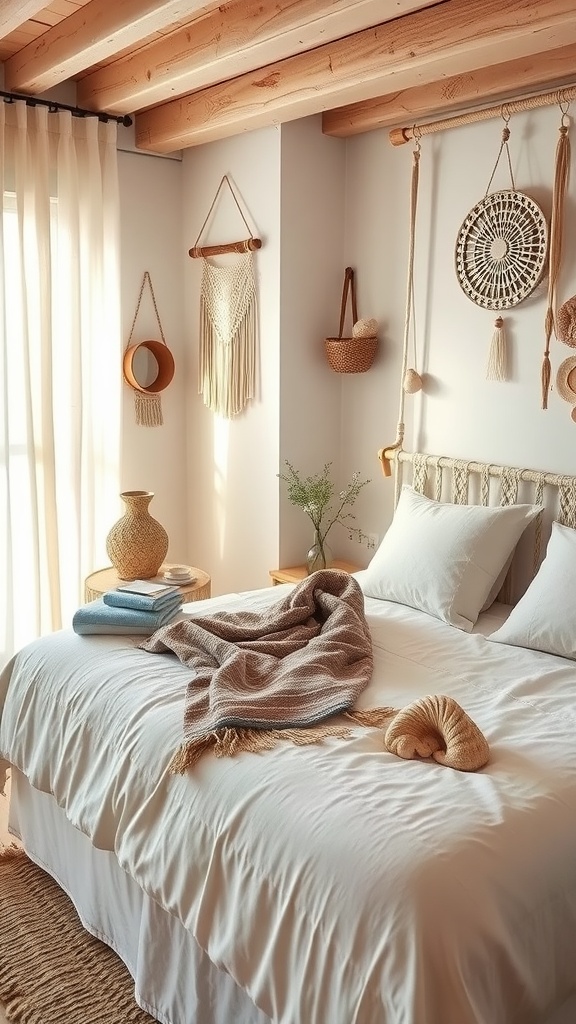 A cozy Boho bedroom with white bedding, warm wood beams, and decorative macramé wall hangings.